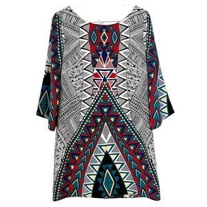 2/$30 Pink Owl - Multicolor Geometric Patterned 3/4 Length Sleeve Dress